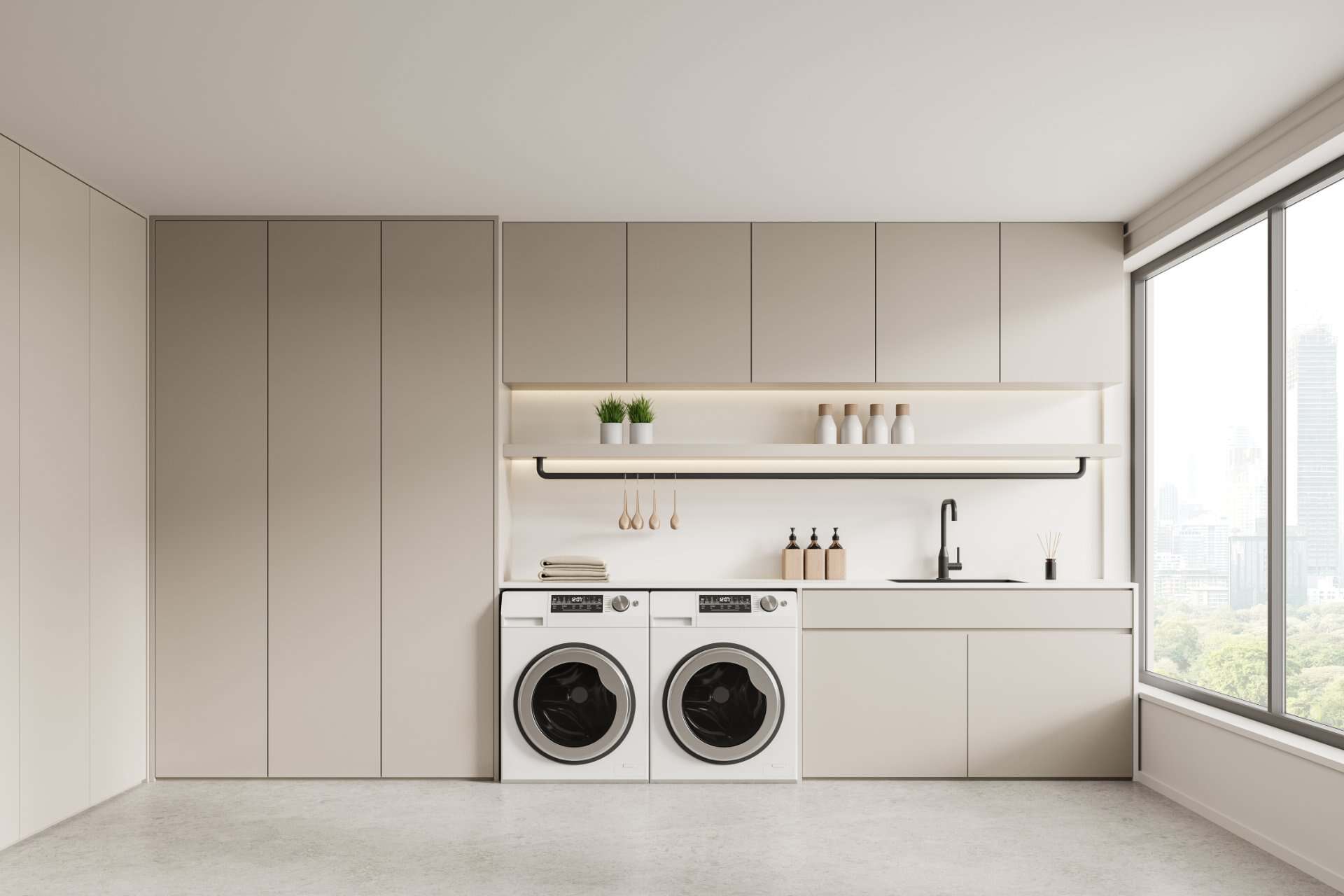 Modern laundry room with washing machines, minimalist cabinets, and a large window overlooking a cityscape. 3D Rendering